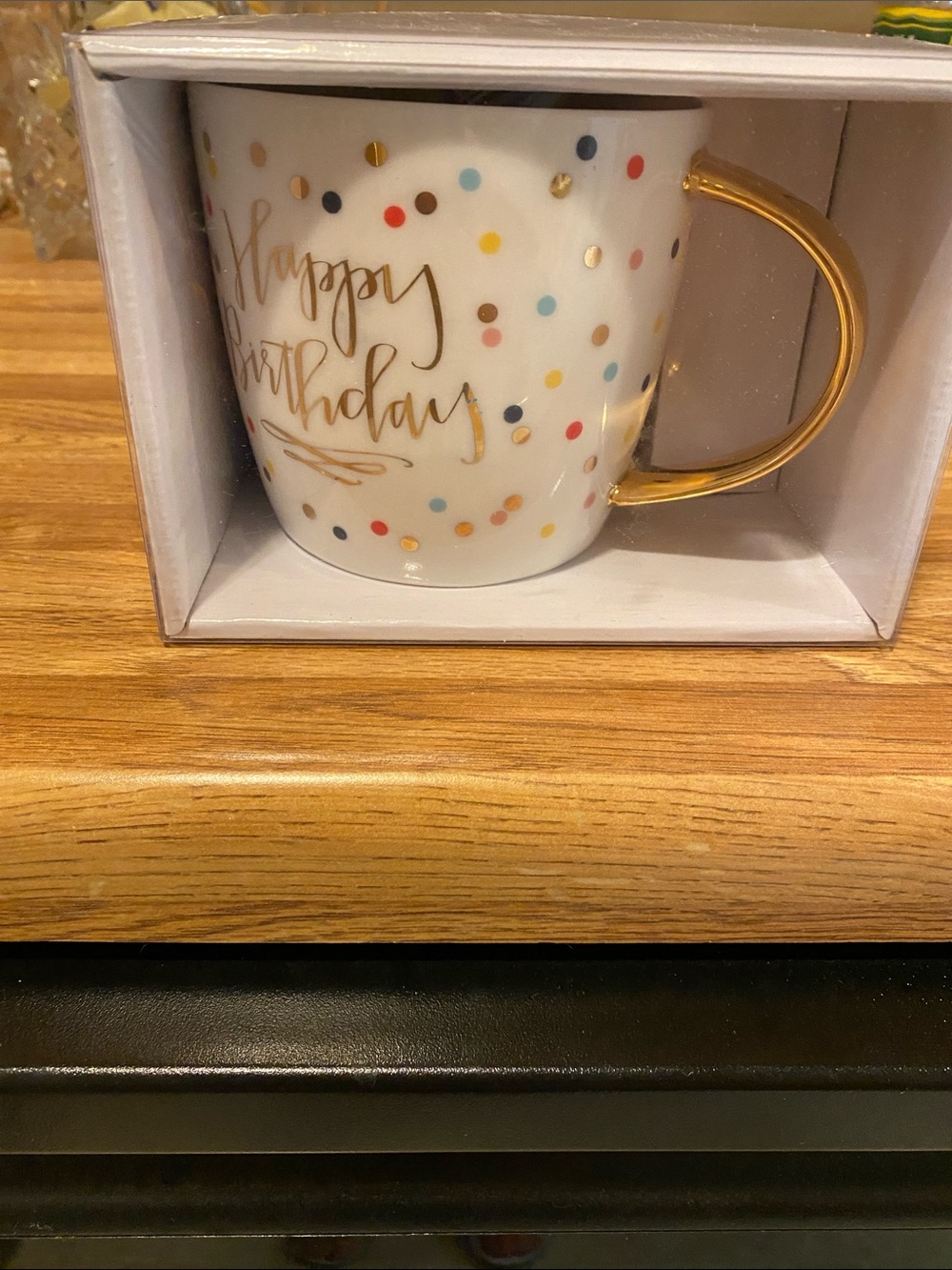 Happy Birthday White Polka Dot Mug with Gold Handle